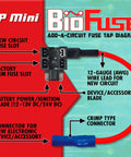 Add-A-Circuit fuse tap diagram showing new circuit fuse slot, wires, and connectors for the Premium Automotive Low Profile Mini Blade Fuse Assortment Kit.