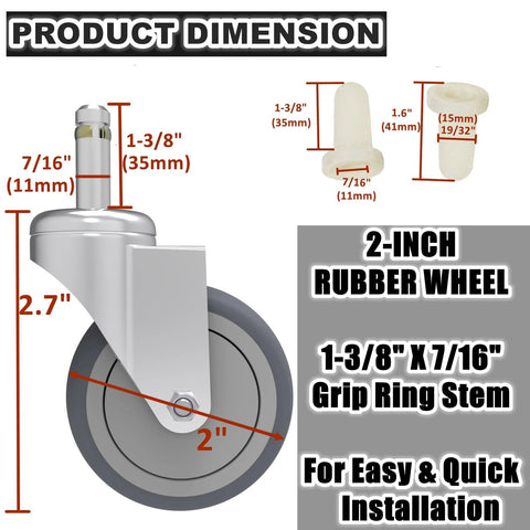 Front view of 2-inch rubber caster wheel with swivel stem, 7/16" diameter; 4-pack