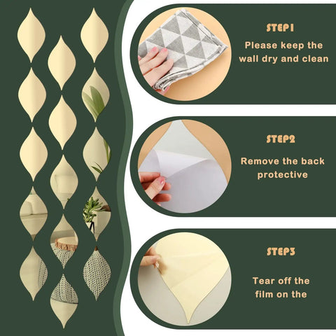 Steps to apply Teardrop Mirror Stickers 15 Pack Gold Wavy Acrylic Removable Wall Decals, DIY application guide for modern decor.