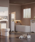 Premium Over The Toilet Storage Cabinet Featuring Adjustable Solid Wood Shelves And Deep Storage Bins For Rolls And Towels In A Sleek White Bathroom Organizer displayed in modern bathroom.