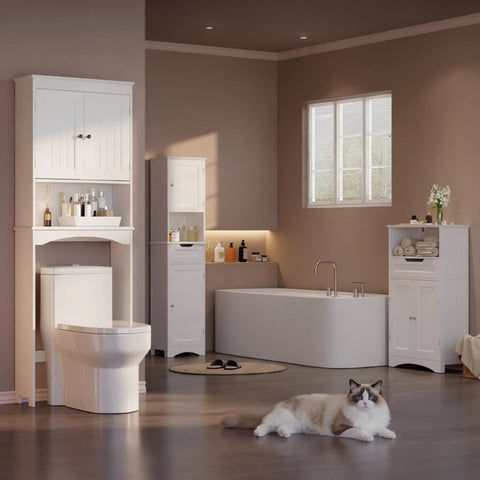 Premium Over The Toilet Storage Cabinet Featuring Adjustable Solid Wood Shelves And Deep Storage Bins For Rolls And Towels In A Sleek White Bathroom Organizer displayed in modern bathroom.