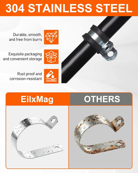 Comparison of EilxMag 304 stainless clamp versus rusted metal clamp, highlighting durability and rust resistance.