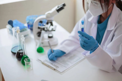 Laboratory setting with a researcher wearing Top Shelf Blue Nitrile Exam Gloves Real Deal Latex Free Powder Free Medical Grade.