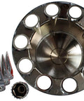 Chrome ABS Axle Cover Set With Hub Caps And 33mm Screw On Spiked Lug Nut Covers For Semi Trucks Front And Rear view
