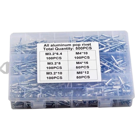 Mushroom Head Blind Rivets Kit 500 Pcs Pop Rivets Assortment M3.2 M4 M5 For Quick Tooling With Manual Or Pneumatic Rivet Gun Tough Vibration Resistant Fastening Set, plastic case with aluminum rivets