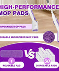 Eight Pack Microfiber Mop Pads For Swiffer PowerMop 13 To 15 Inch Washable Reusable Replacement Heads easy snap-on fit, shown with reusable microfiber pad vs disposable pads