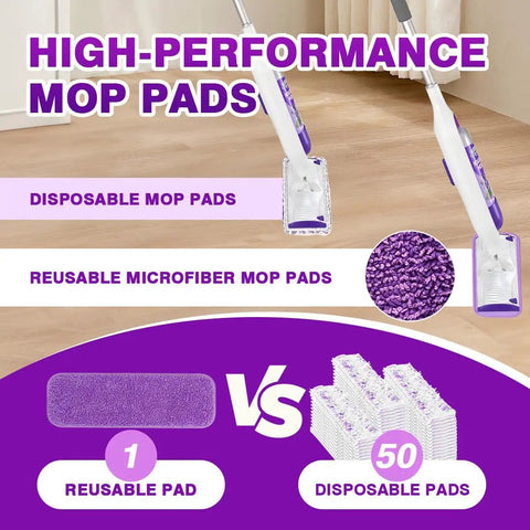Eight Pack Microfiber Mop Pads For Swiffer PowerMop 13 To 15 Inch Washable Reusable Replacement Heads easy snap-on fit, shown with reusable microfiber pad vs disposable pads