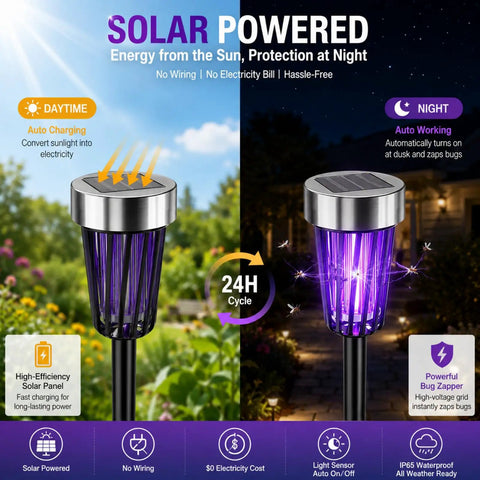 Solar Powered Bug Zapper Outdoor 4 Pack for Yard Garden Patio IP65 Waterproof with Auto On Off and Purple or White Light display