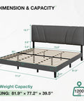 Rock Solid Upholstered King Bed Frame With Adjustable Headboard And Soft Grey Linen, Wood Slat Support, No Boxspring Needed, Quick Assemble dimensions with weight capacity.