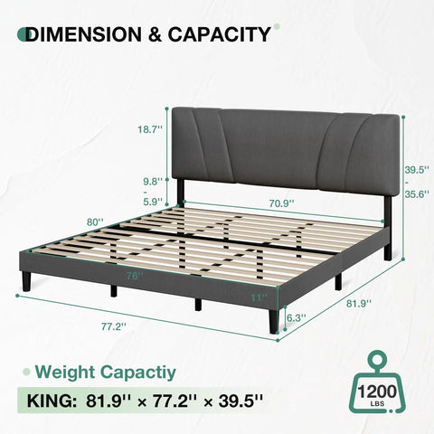 Rock Solid Upholstered King Bed Frame With Adjustable Headboard And Soft Grey Linen, Wood Slat Support, No Boxspring Needed, Quick Assemble dimensions with weight capacity.