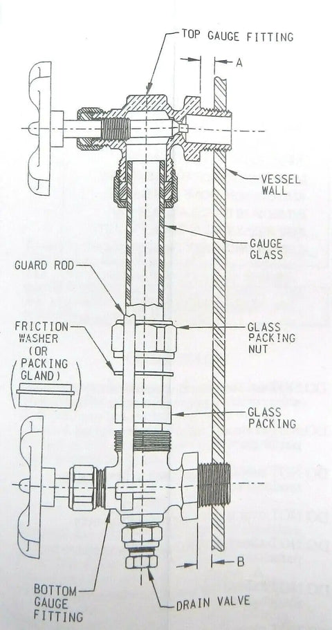 Diagram of Sight Glass Water Gauge Valve Set For 5/8 Inch Diameter Steamaster Boilers Brass With Aluminum Wheels For Precise Boiler Level Readouts And Easy Replacement Pro Grade Build showing parts structure