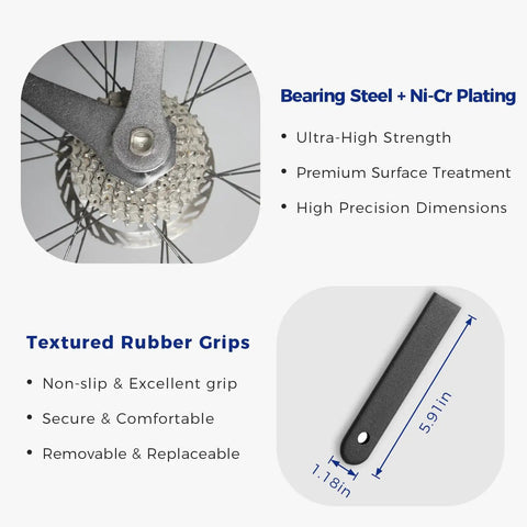 Cassette Removal Tool Set With Wrench And Lockring Tool for 10T And 11T Sprockets, shown with rubber grip and size dimensions.