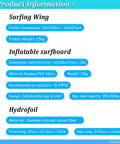 Product information for Go Anywhere Packable Inflatable Wing With Hydrofoil, dimensions and materials for surfing wing, board, hydrofoil.