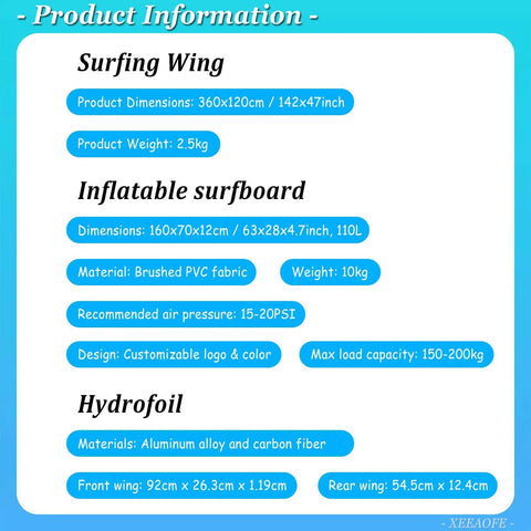 Product information for Go Anywhere Packable Inflatable Wing With Hydrofoil, dimensions and materials for surfing wing, board, hydrofoil.