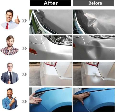 Before and after images of car dents repaired using Professional Paintless Dent Repair Kit For Car And Truck Use Adjustable Dent Puller.