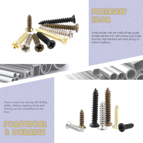 Heavy Duty Assorted Wood Screws Kit With Six Precision Sizes For Badass Diy Workshops Featuring Slick Self Topping Flat Head Fasteners and Solid Drywall Ready Hardware, assorted stainless steel screws.