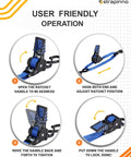 User-friendly operation of retractable ratchet straps for boats and jetskis, showing step-by-step instructions for locking mechanism.