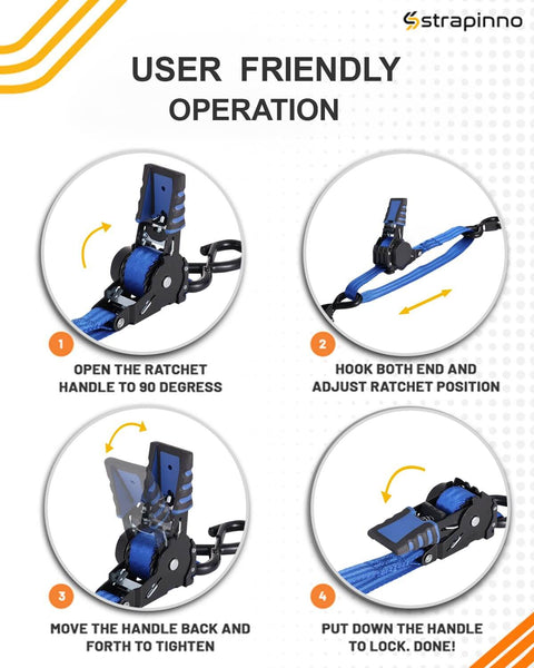 User-friendly operation of retractable ratchet straps for boats and jetskis, showing step-by-step instructions for locking mechanism.