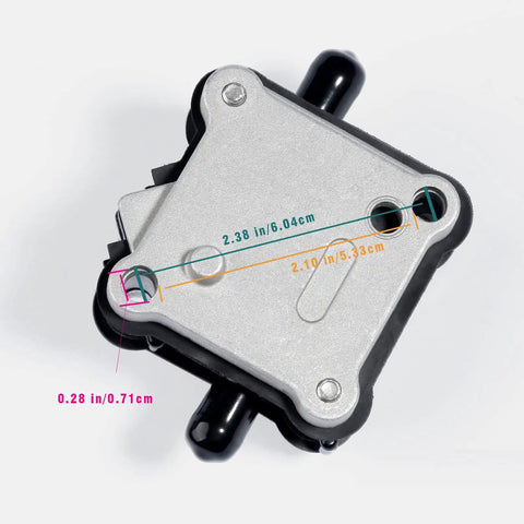 Top view of a Beefed Up Fuel Pump For Outboard 2 Stroke Marine Engine Replacement Compatible With 30 40 45 55 65 75 80 90 100 125 150 175 200 250 300 HP Performance Ready Part, showing dimensions.