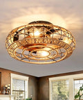 Caged Low Profile Ceiling Fan With Light 20 Inch Flush Mount Boho Hemp Rope Farmhouse Style with glowing light on ceiling