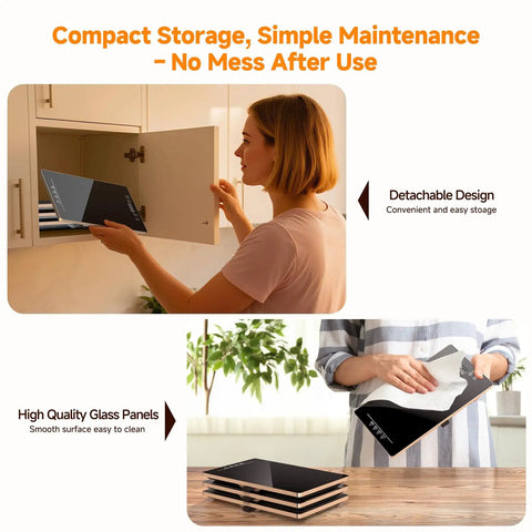 Electric Warming Tray 4 In 1 Food Warmer for Parties and Buffets stored neatly in cabinet, detachable glass panels shown.