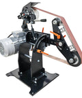 Top Tier 71 By 2 Inch Belt Grinder With Three Quick Swap Grinding Wheels For Knife Making Sharpening And Polishing Featuring Hassle Free Variable Speed Controls And 220V Garage Power on a black base with motor.