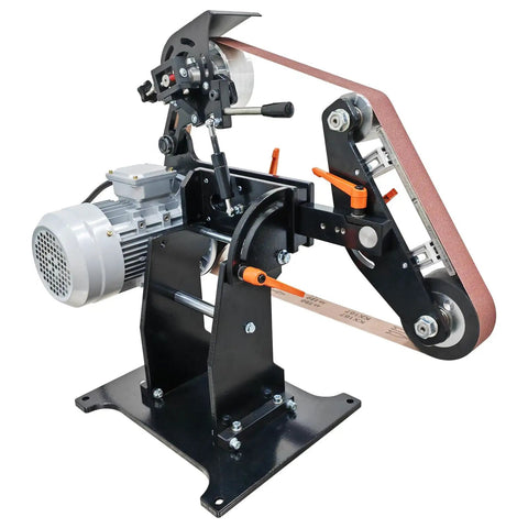 Top Tier 71 By 2 Inch Belt Grinder With Three Quick Swap Grinding Wheels For Knife Making Sharpening And Polishing Featuring Hassle Free Variable Speed Controls And 220V Garage Power on a black base with motor.