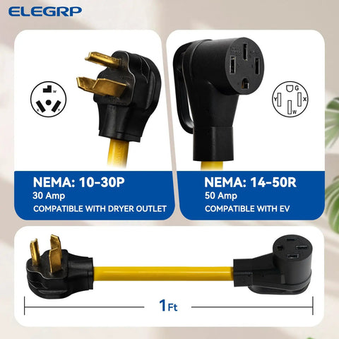 Legit Game Changer Nema 10 30P To 14 50R Adapter Cord For Instant Level 2 EV Charging One Foot, 30 Amp to 50 Amp converter.