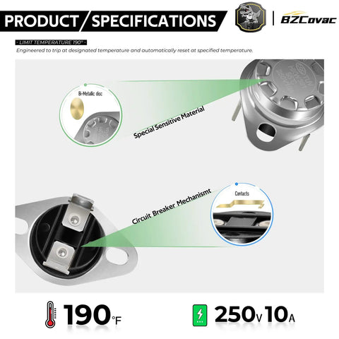 High Temperature RV Furnace Limit Switch With 190 Fahrenheit Safety Cutoff For Atwood Hydro Flame And Dometic Heaters details