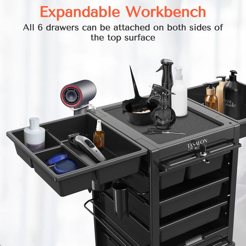 Lockable Salon Trolley With Six Drawer Rolling Beauty Cart And Tool Holders, top view with lockable doors, black finish
