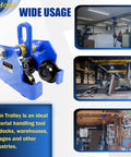 Manually Operated Trolley 1 Ton Capacity Steel Push Beam Trolley for I-Beams, displayed with usage examples in workshops.