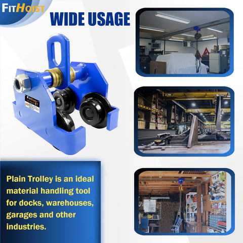 Manually Operated Trolley 1 Ton Capacity Steel Push Beam Trolley for I-Beams, displayed with usage examples in workshops.