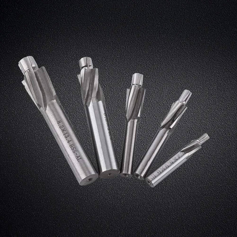 Set of five silver HSS counterbore drill bits with 4-flute end mills for copper, aluminum, and cast iron.