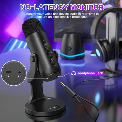 USB Podcast Microphone With Noise Cancellation For PC Mac iPhone iPad Android Includes Gain, Mute Button, Volume Control, Monitoring And Echo For YouTube TikTok Streaming And Podcasting with headphone jack and no-latency monitor