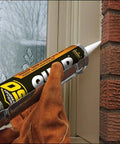 Applying beige window door and siding sealant 10 oz tubes advanced formula weatherproof exterior caulk to home gap
