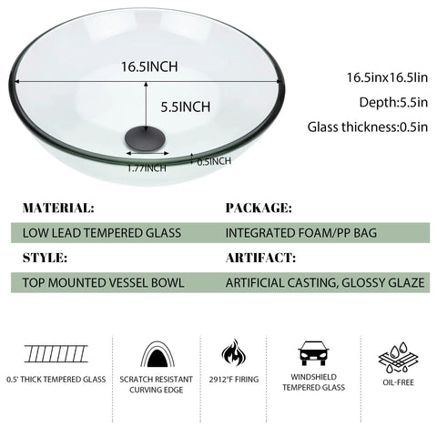 Vessel Sink Set With Tempered Glass Round 16.5 Inch Above Counter Basin Clear Finish and dimensions chart
