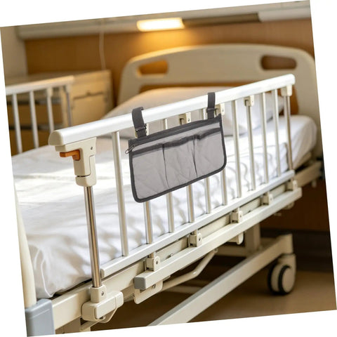 Safety Bed Rail Organizer With Four Pockets And Large Capacity Strap Bag for nursing care beds, gray side hanging storage rack