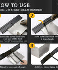 How-to guide for using 15.25 Inch Dual Side Hand Metal Bender With 1 Inch And 3/8 Inch Depth Slots, includes steps and the tool in use.