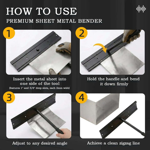 How-to guide for using 15.25 Inch Dual Side Hand Metal Bender With 1 Inch And 3/8 Inch Depth Slots, includes steps and the tool in use.