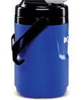 Half-Gallon Pro Blue Beverage Cooler With Secure Flip Cap, wide mouth and easy-grip lid shown from side