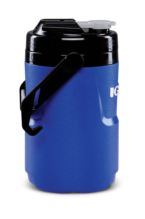 Half-Gallon Pro Blue Beverage Cooler With Secure Flip Cap, wide mouth and easy-grip lid shown from side