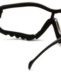 V2G Readers Eyewear With Clear Anti Fog Lens Plus 2.5 Diopter, black frame and strap, vented headband and temples, side view.
