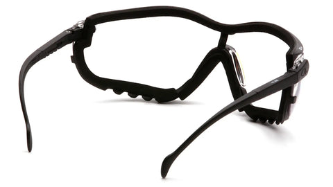 V2G Readers Eyewear With Clear Anti Fog Lens Plus 2.5 Diopter, black frame and strap, vented headband and temples, side view.
