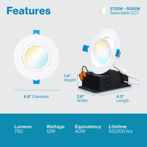 Diagram showing Six Pack 4 Inch Canless Recessed LED Eyeball Gimbal Downlights with dimensions, 12W power, adjustable CCT, and ETL listed