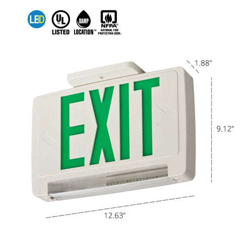 LED Exit And Emergency Light Bar Combo Fixture With Back Up Ni-Cd Battery, Green Letters, Ultra Bright LEDs, Remote 3W Lighting Capability, 6 Inch High Letters With 3/4 Inch Stroke, Modern Compact Design For Clear Exit Guidance