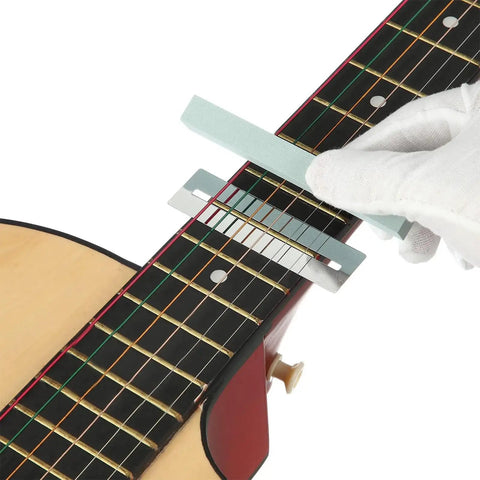Using Pro Grade 17 Piece Guitar Luthier Tools Set With Understring Radius Gauges String Action Ruler tools on guitar fretboard