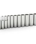 Eleven Piece Deep Socket Set For Three Eighths Inch Drive, Twelve Point SAE Sockets With Chamfered Opening And Deep Serration