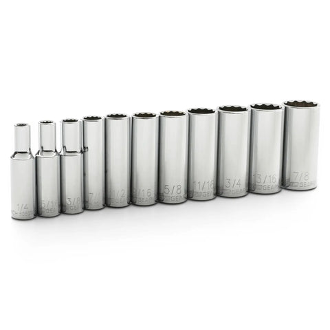 Eleven Piece Deep Socket Set For Three Eighths Inch Drive, Twelve Point SAE Sockets With Chamfered Opening And Deep Serration