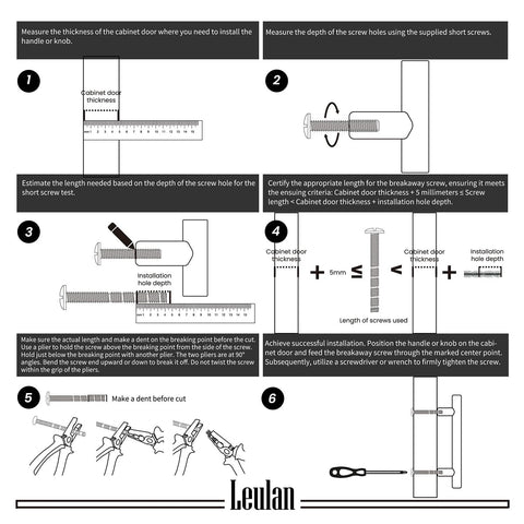 Installation guide for Two Tone Brushed Nickel and Gold Cabinet Knobs Set of Ten for Kitchen Cabinets Dresser Bathroom Closets and Cupboards, showing measurement and cutting instructions.
