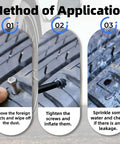 Method of application for Self Sealing Tire Plug Kit With Two Sizes Rubber Nails And Screwdriver For Cars Motorcycles Trucks And Tractors Pro Vacuum Tire Repair Set 50 Piece Set, showing steps and installation sequence.